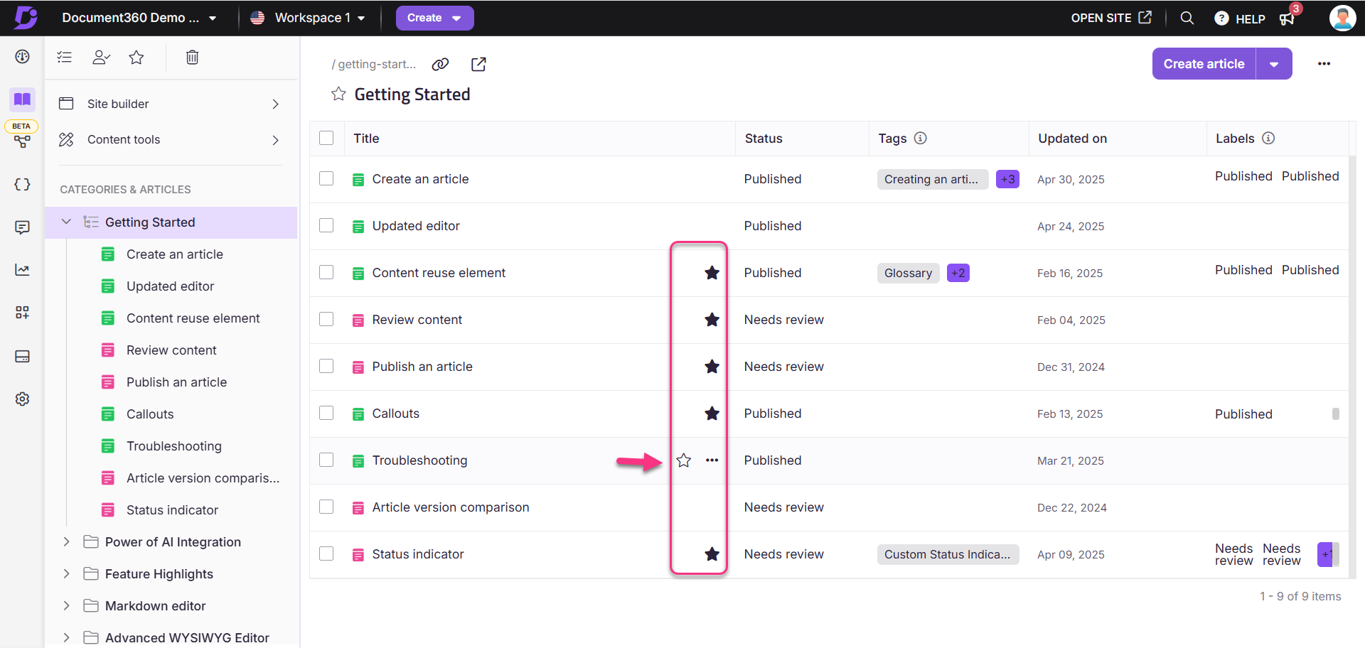 Overview of articles in the Getting Started categories illustrating how to star an article within the Index/folder category.