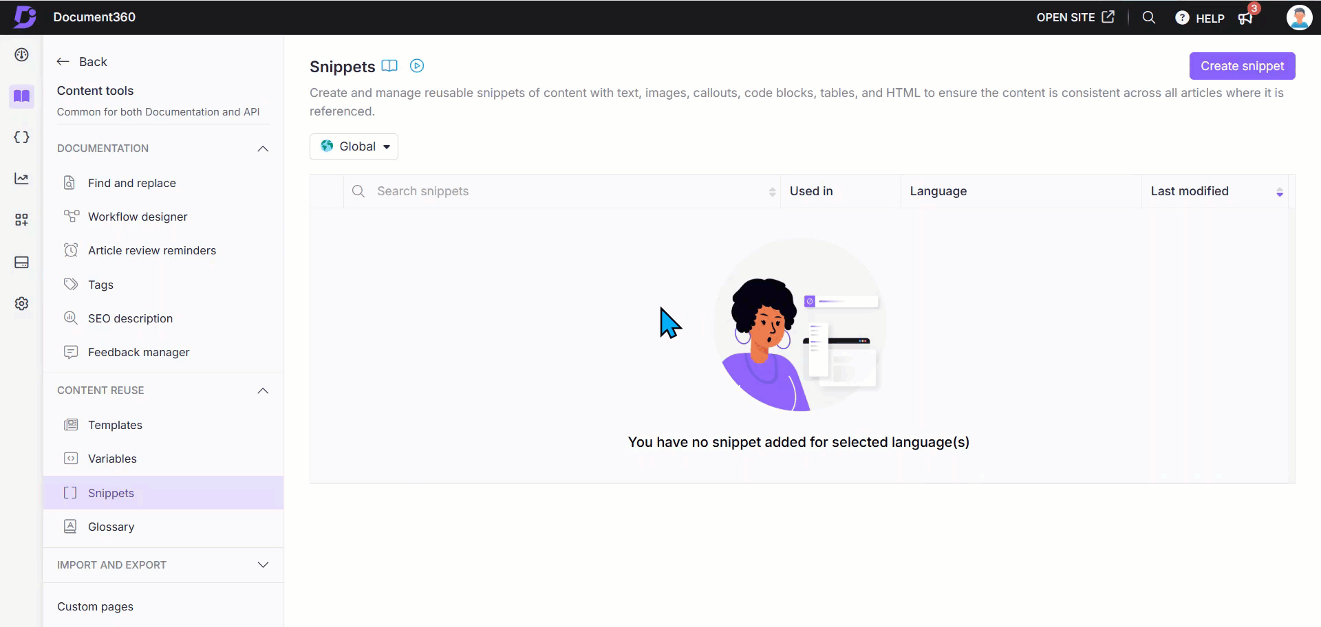 Creating a new snippet in the Knowledge base portal.