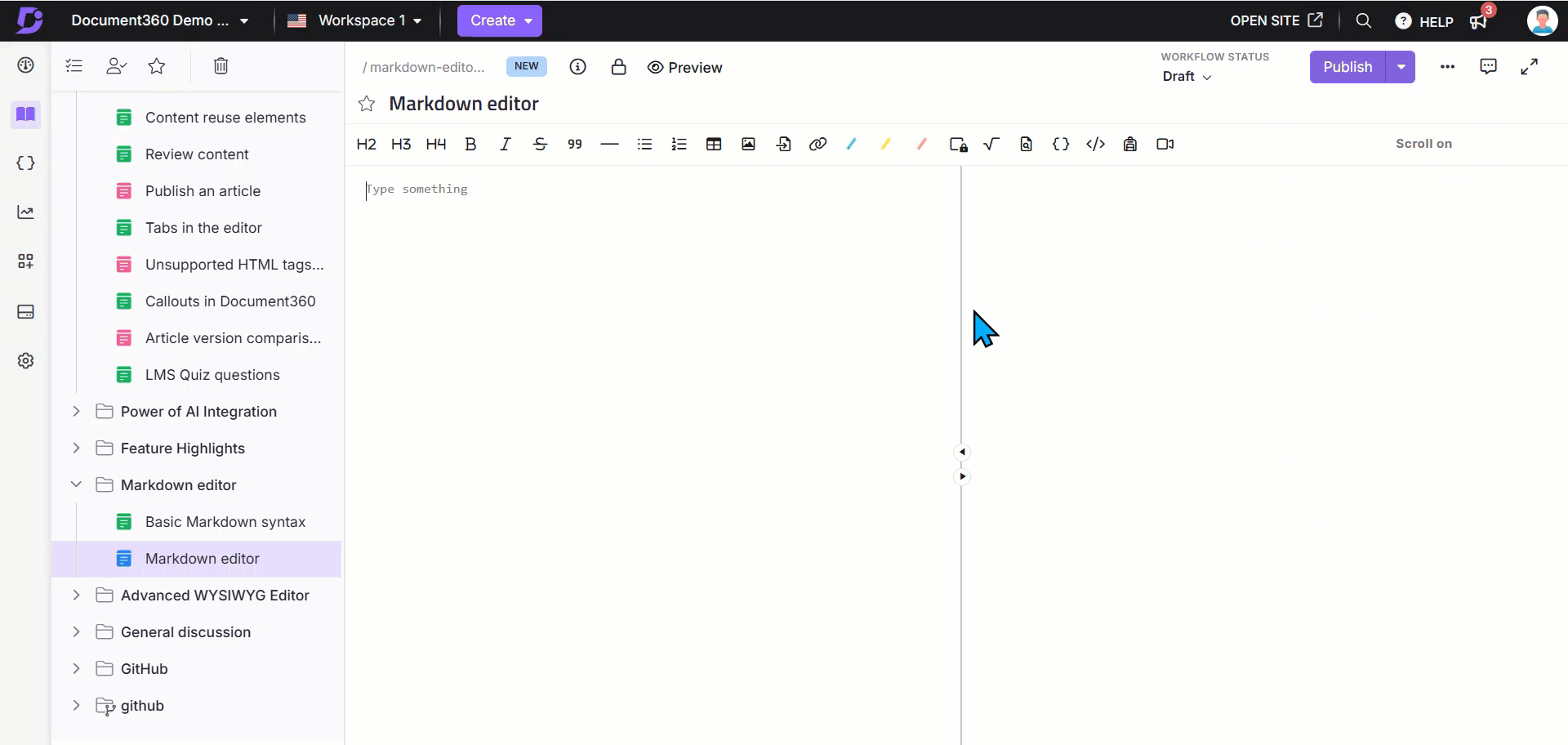 Inserting a video in markdown using the Insert video option in the Knowledge base portal.