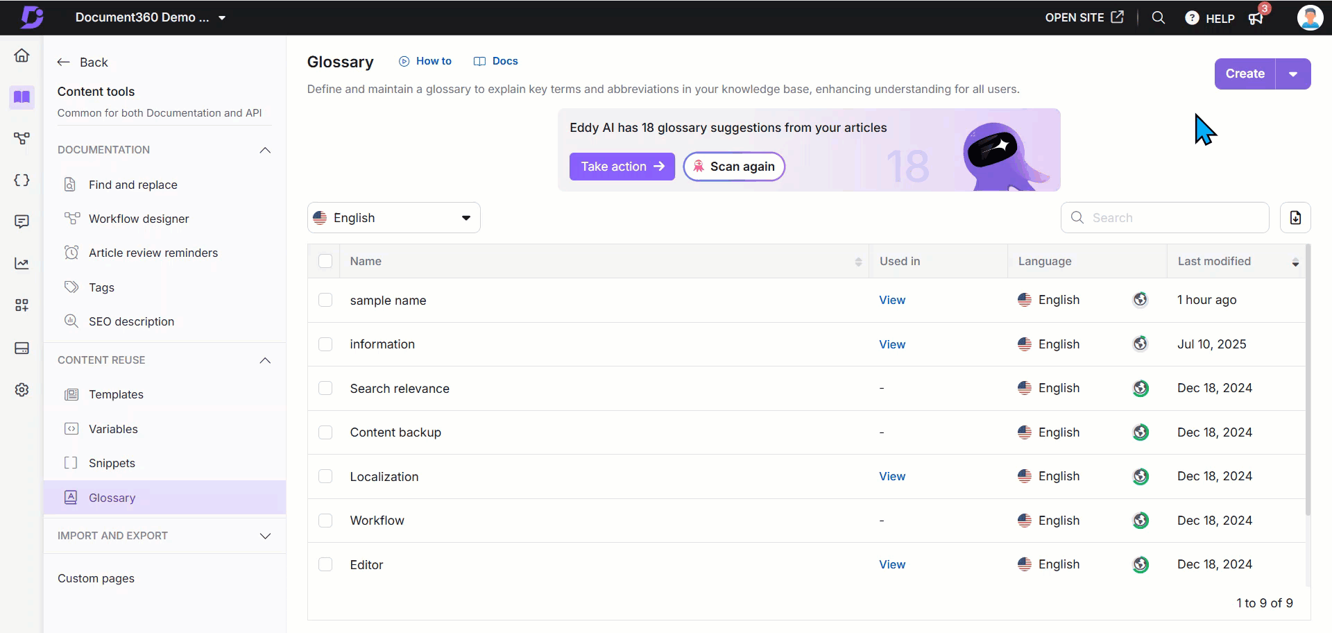 Translating a glossary in Document360