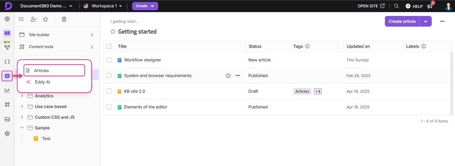 Image showing article feedback manager option