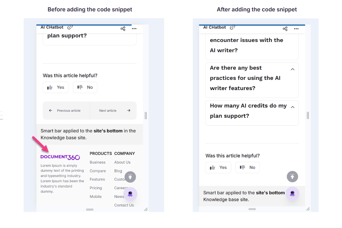 Image showing before and after images of knowledge base site of hiding footer.