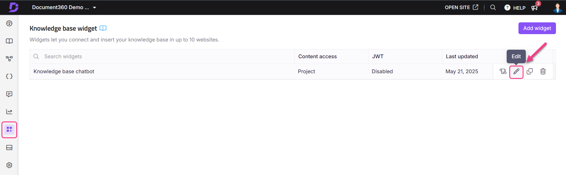 Image showing the option to edit a widget