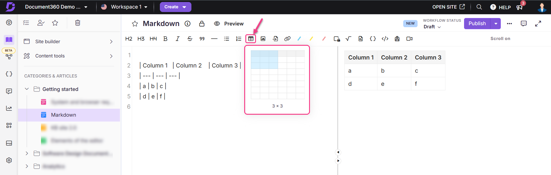 Image showing tables option in Markdown