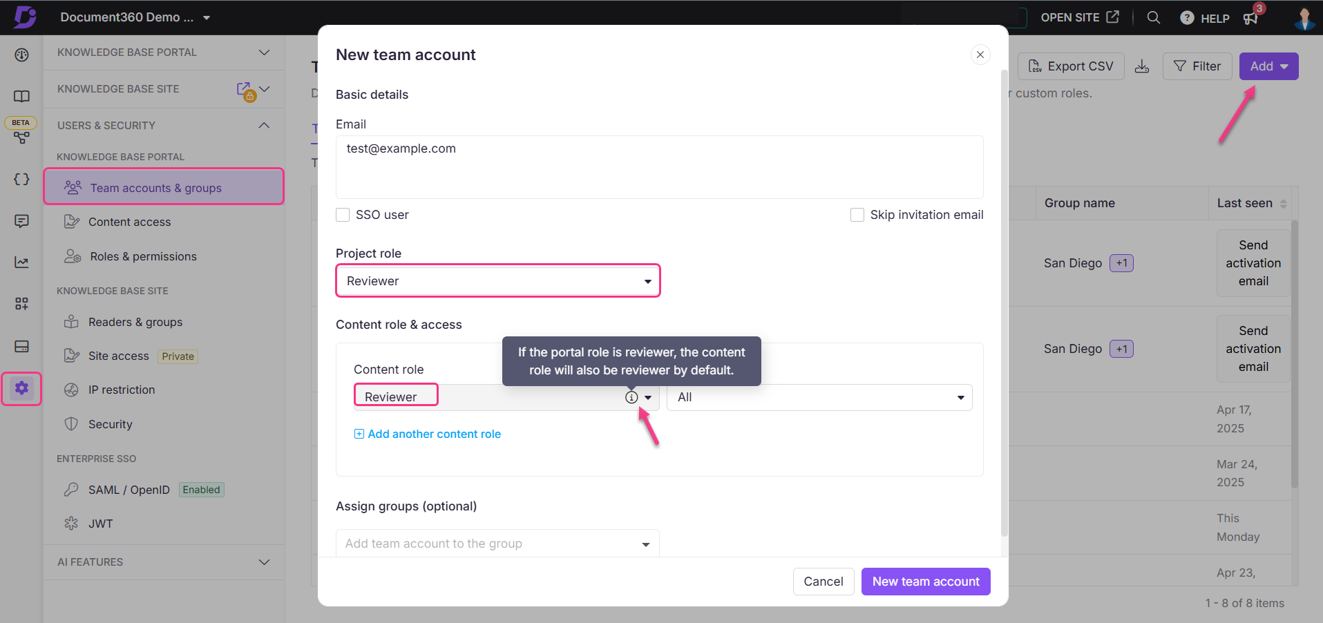 To assign reviewer role to  team account