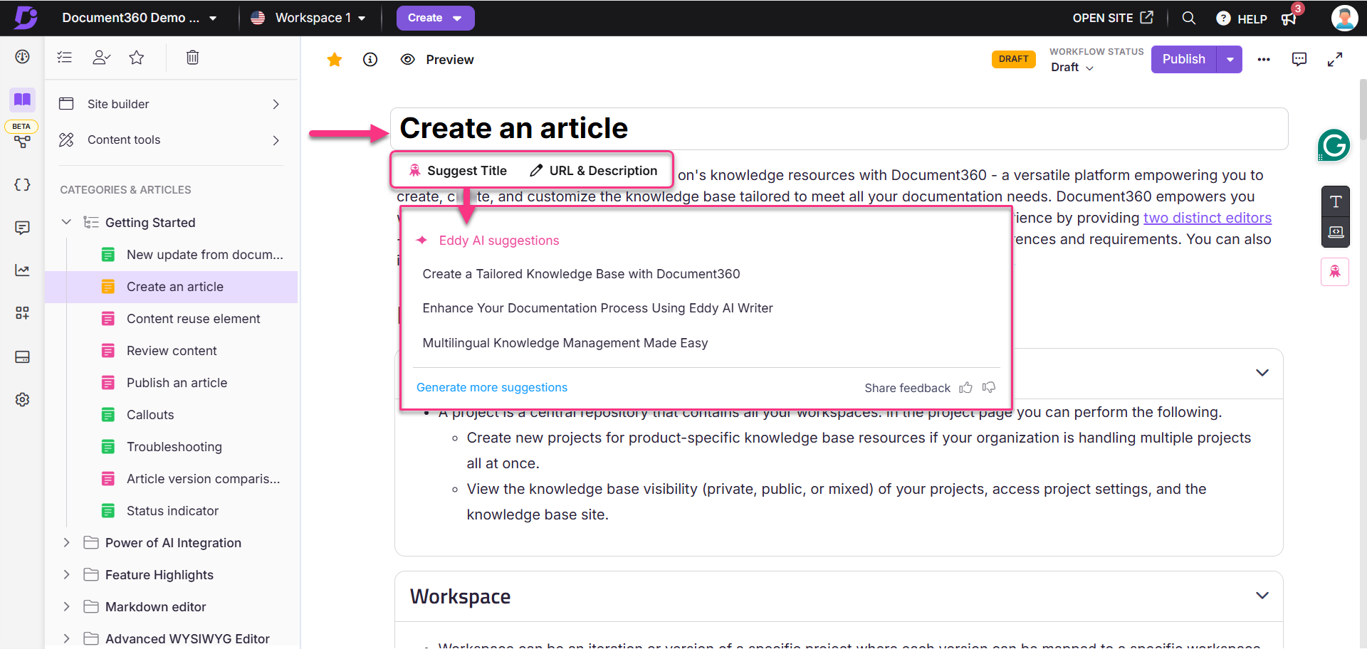 Document360 interface showing article creation with AI suggestions highlighted in Advanced WYSIWYG editor.