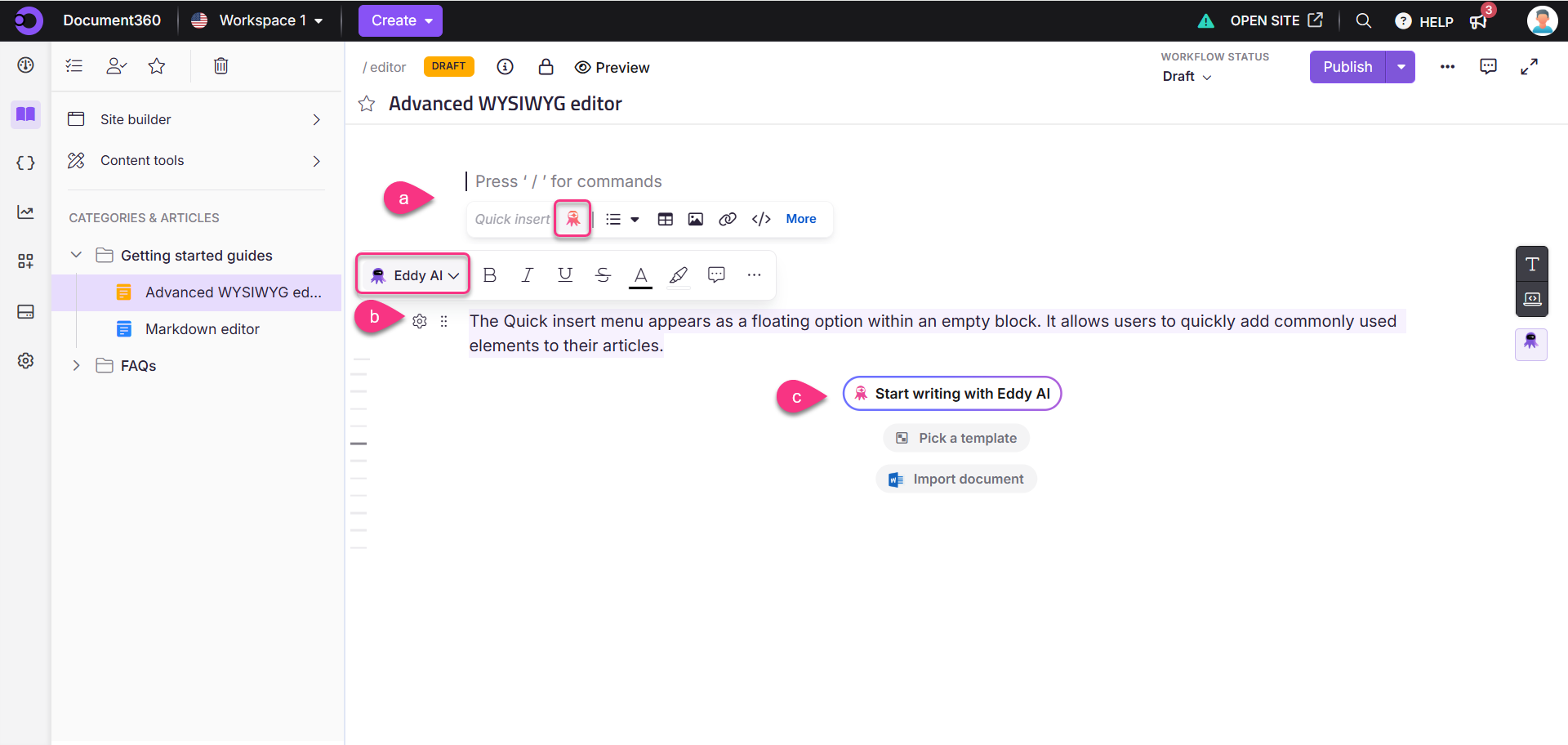 Eddy AI tool in the Advanced WYSIWYG editor for quick content insertion and article creation.