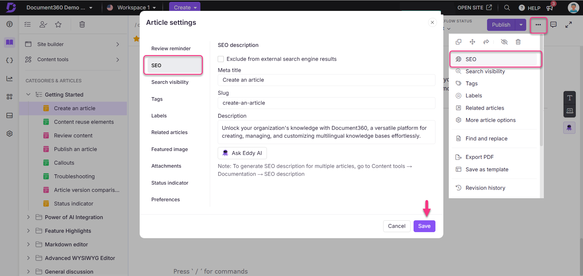 Settings menu for creating an article with SEO options highlighted.
