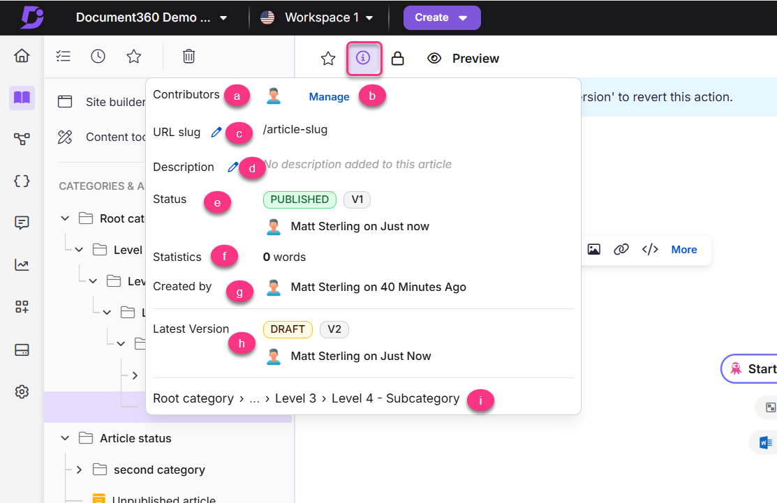 Document360 interface showing article details, contributors, and version status information.
