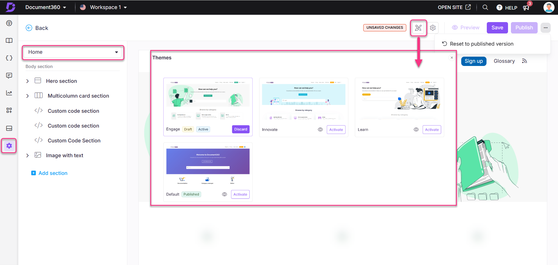 Document360 interface showing theme options with highlighted activation buttons and sections.