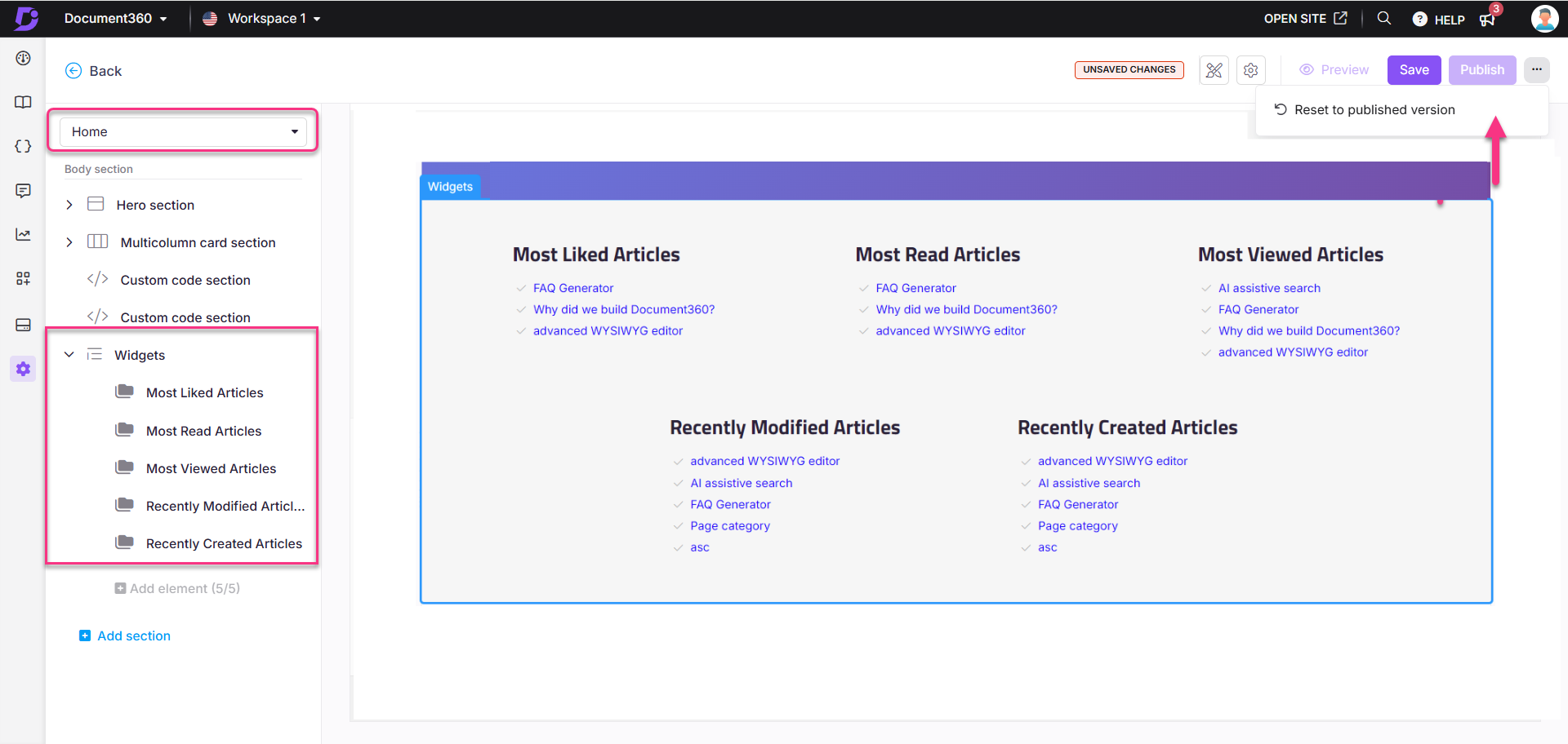 Document360 interface showing widgets for articles and sections for easy navigation.