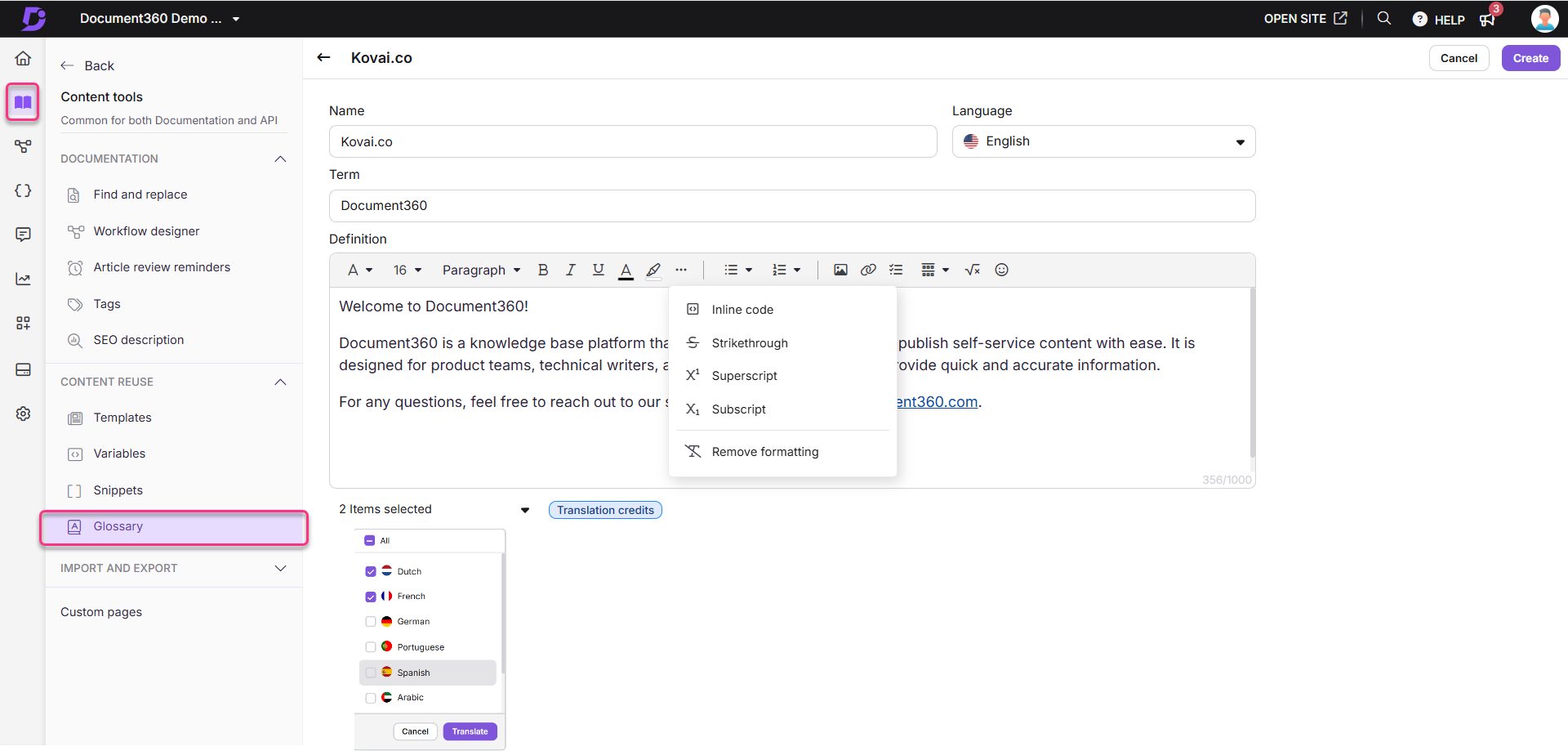 Document360 interface showcasing glossary and translation features for knowledge management.