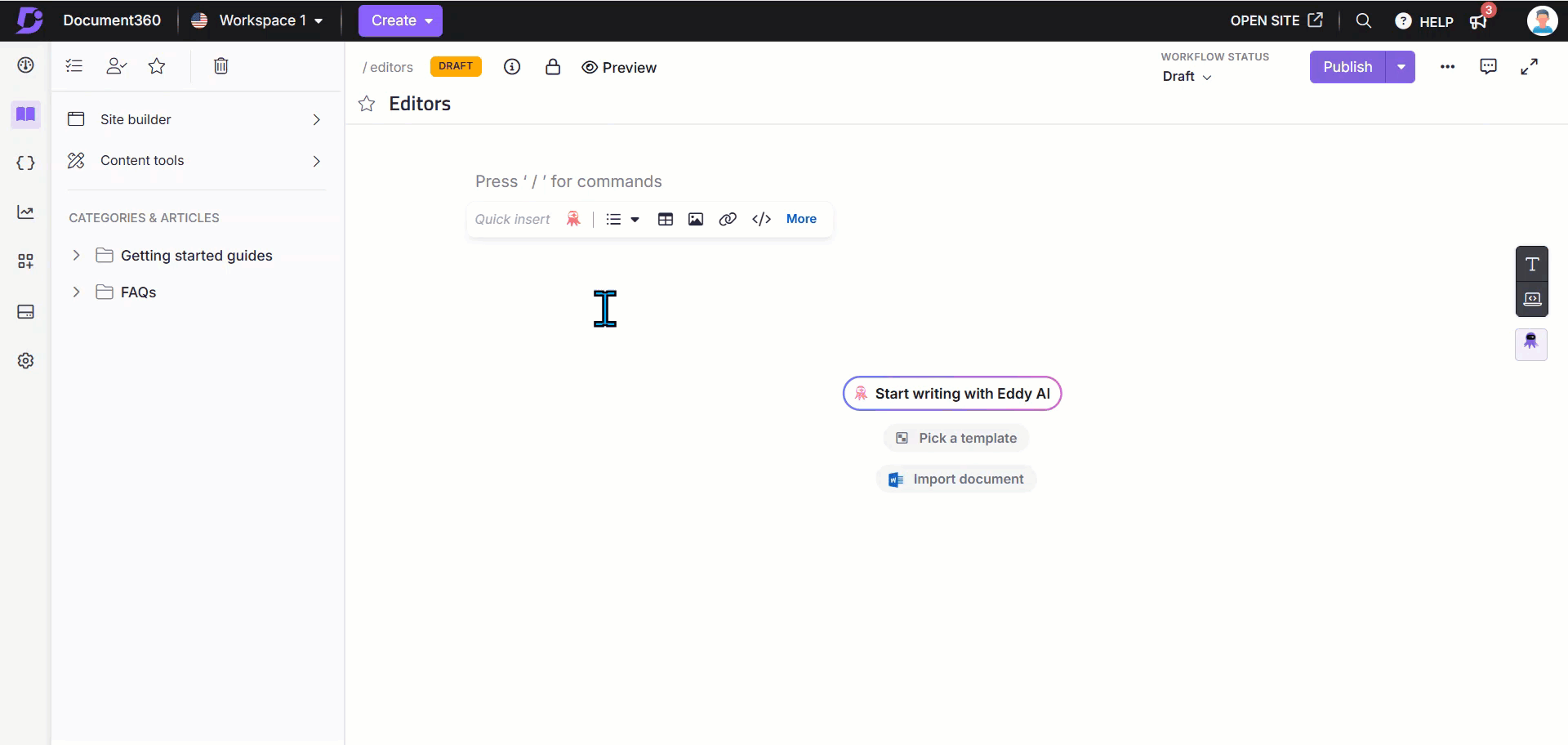 Adding tabs in the Advanced WYSIWYG editor using the Slash menu