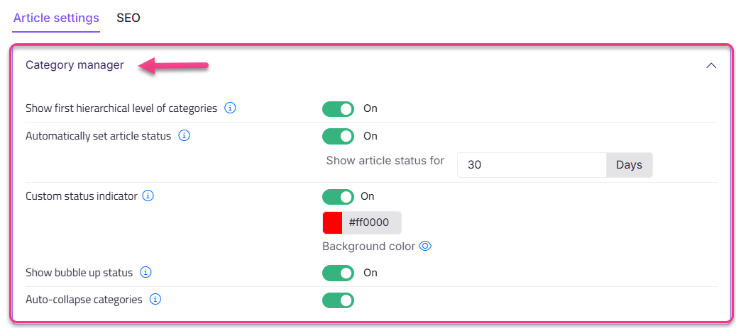 Settings for article management including category manager and status indicators.