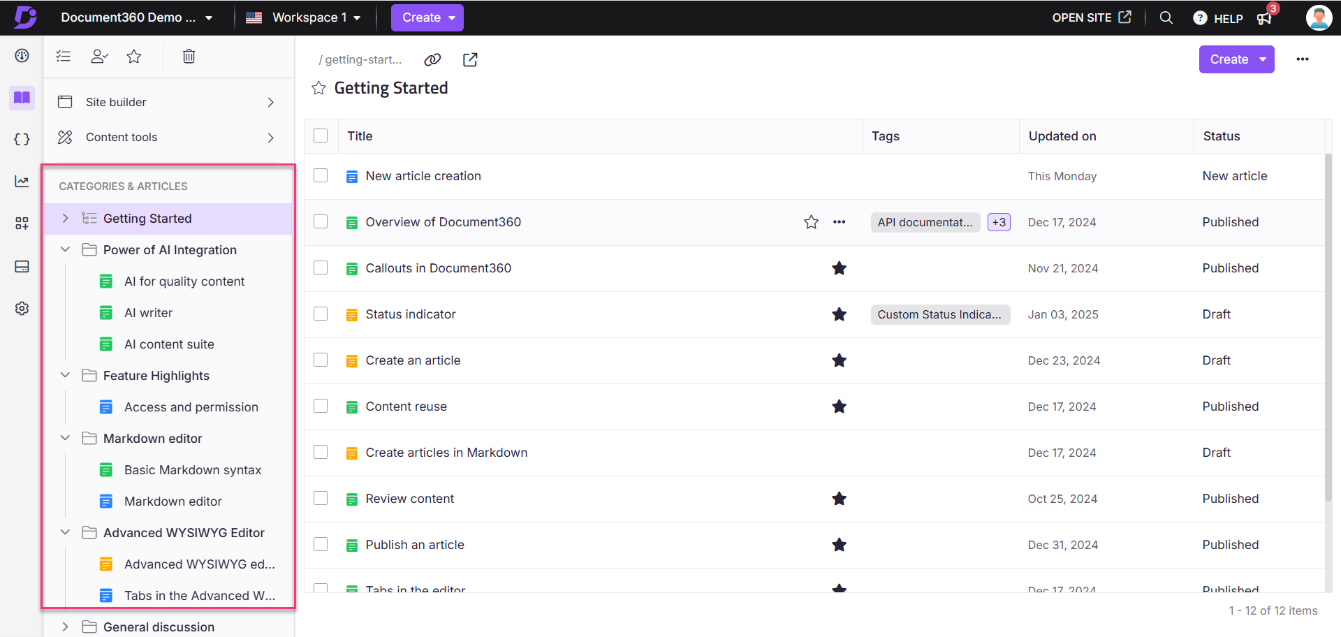 Document360 interface showing categories, articles, and their publication statuses for user guidance.