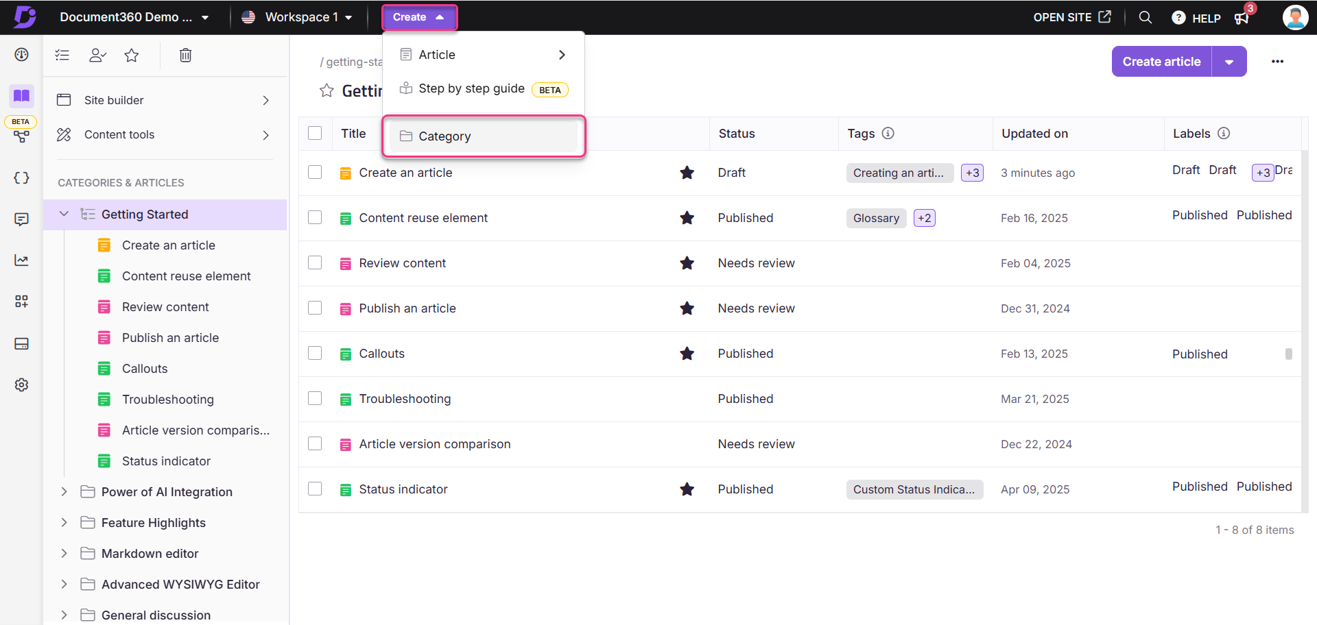 Menu options for creating articles and categories in Document360 interface.