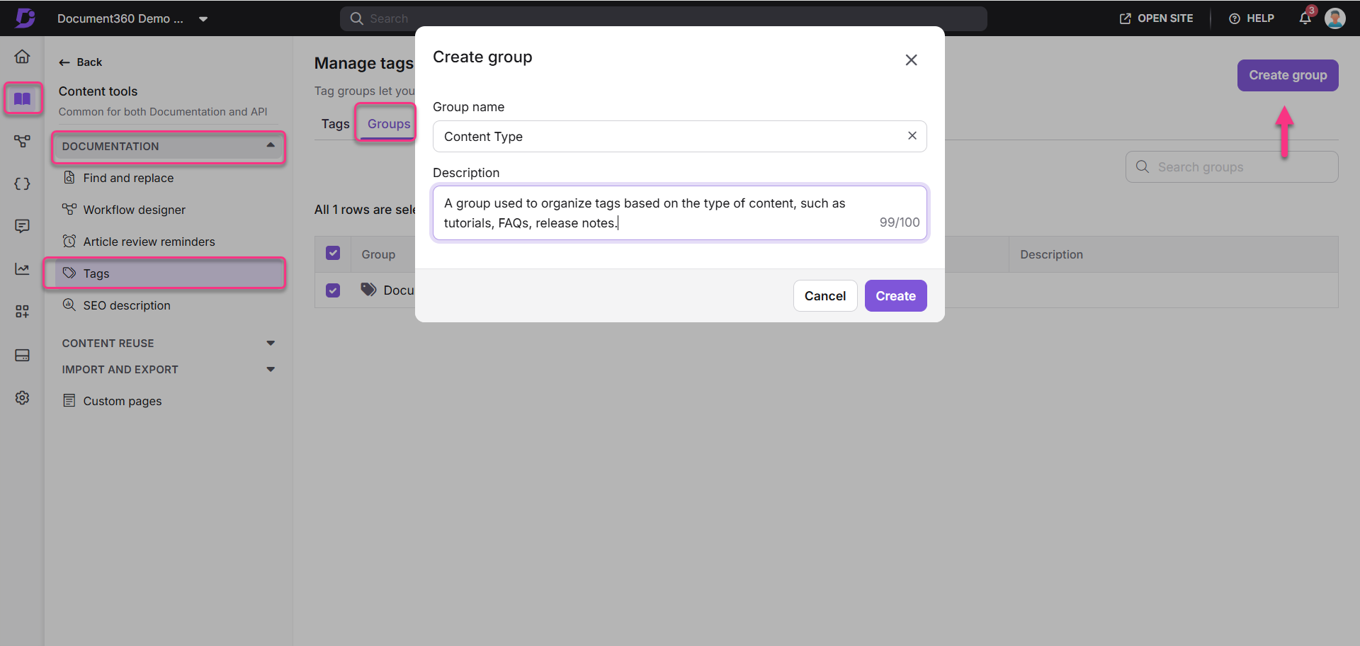 Creating a tag group for organizing content types like tutorials and FAQs.