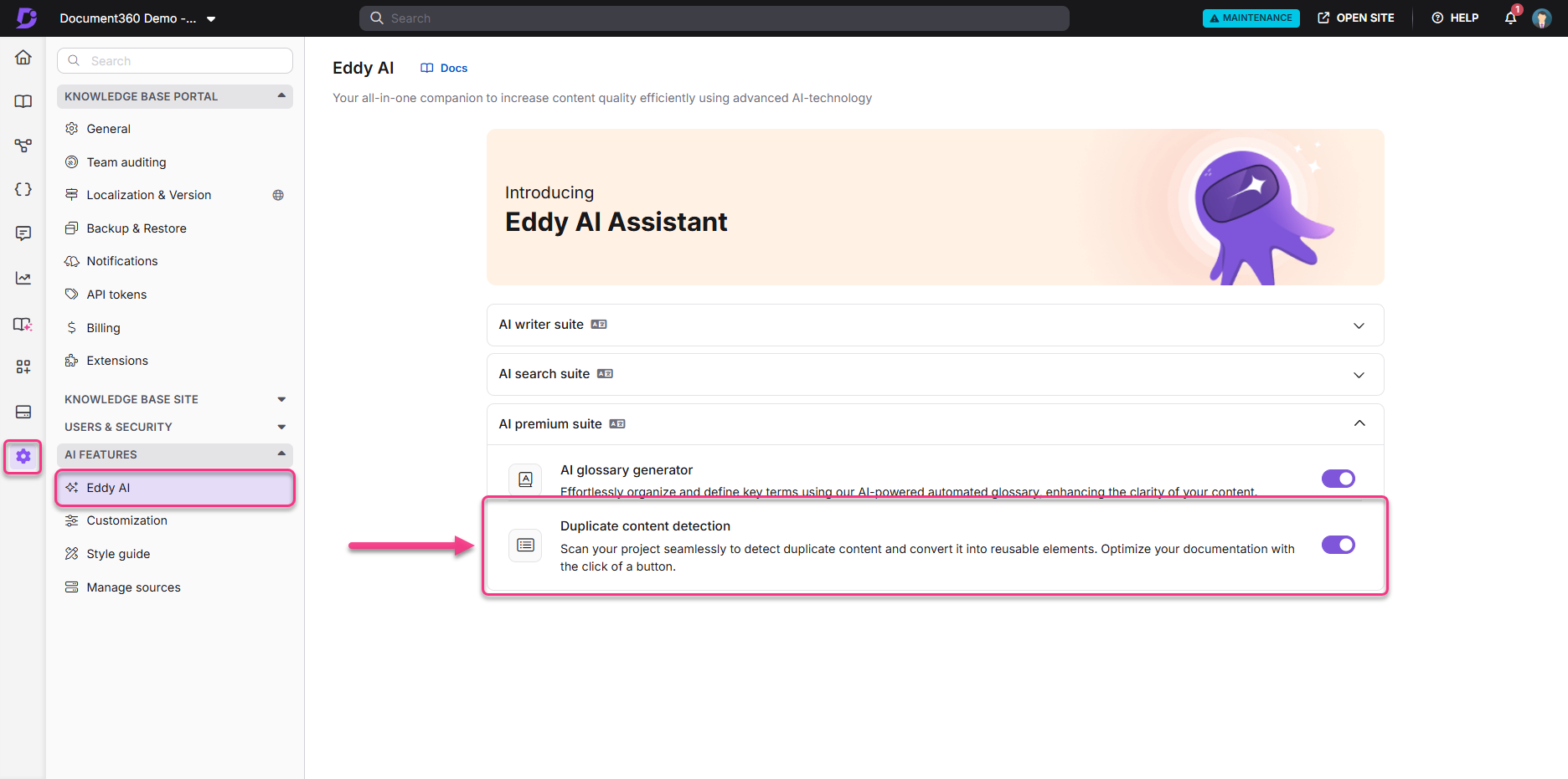Eddy AI Assistant features duplicate content detection for optimizing documentation efficiently.