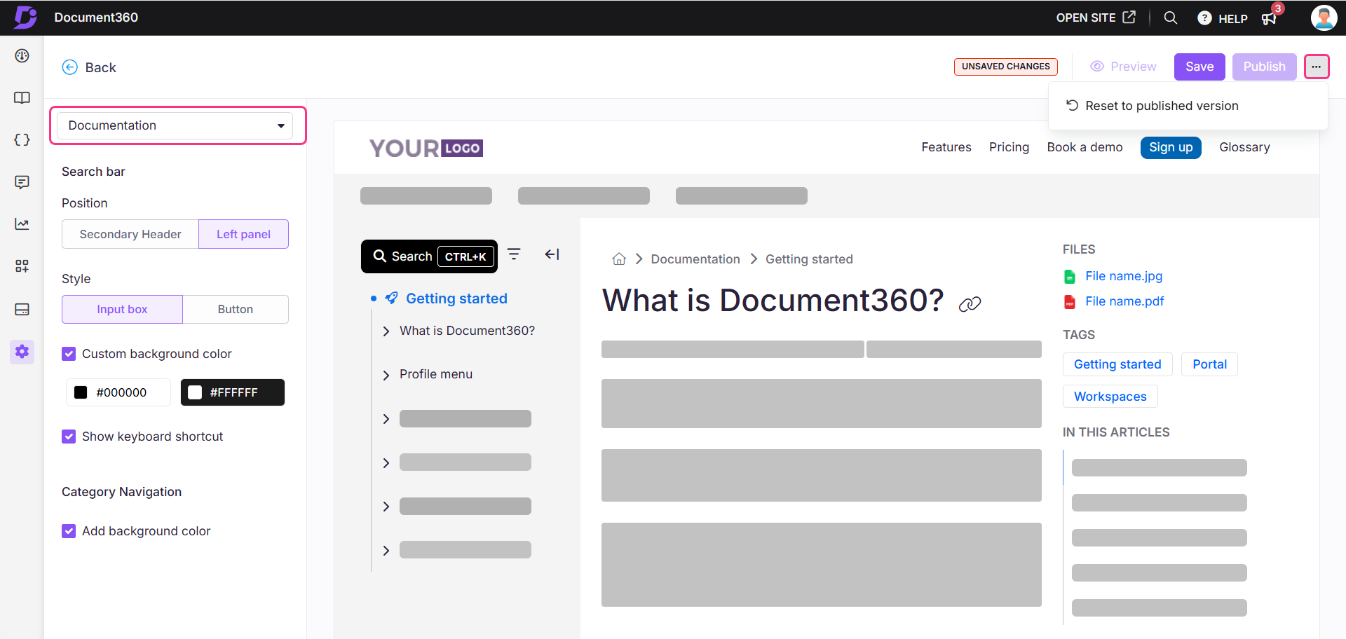 Document360 interface showing documentation options and search functionality for users.