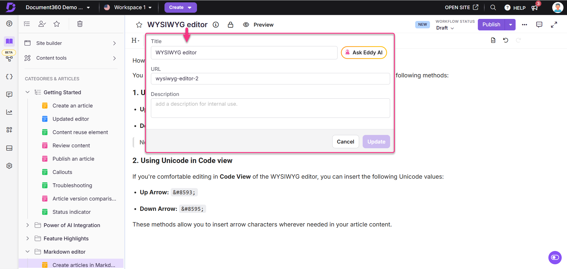 WYSIWYG editor interface showing title, URL, and description fields with arrow indicators.