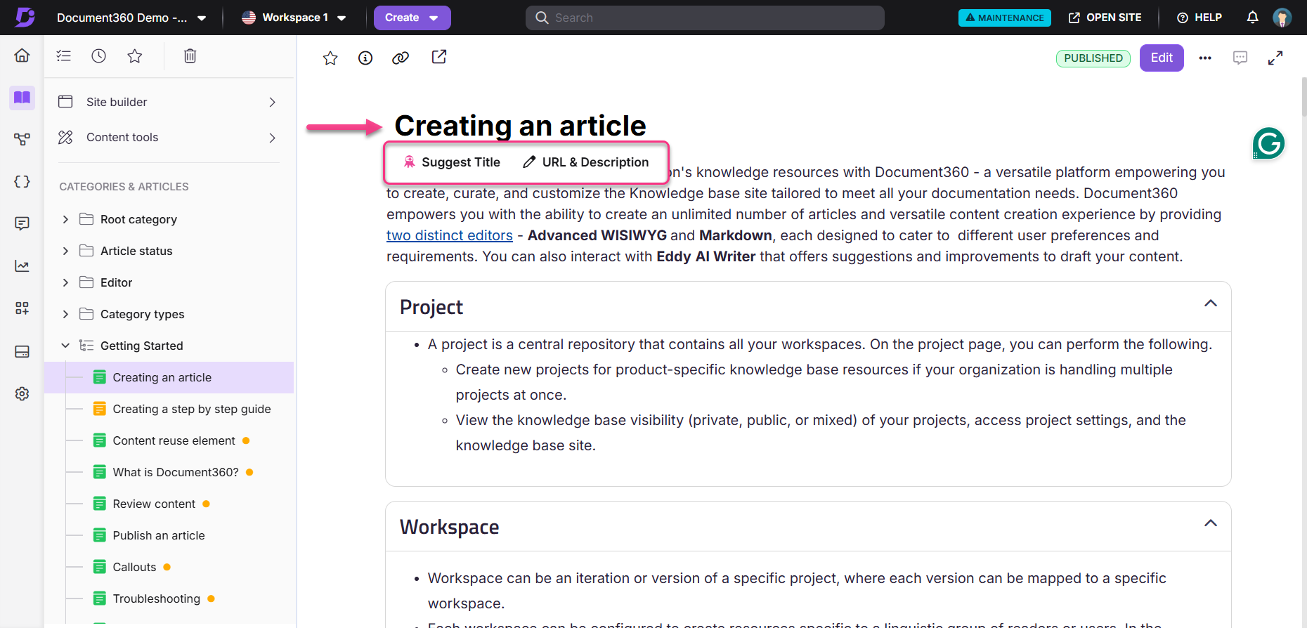 Instructions for creating an article with suggested title and URL options highlighted.