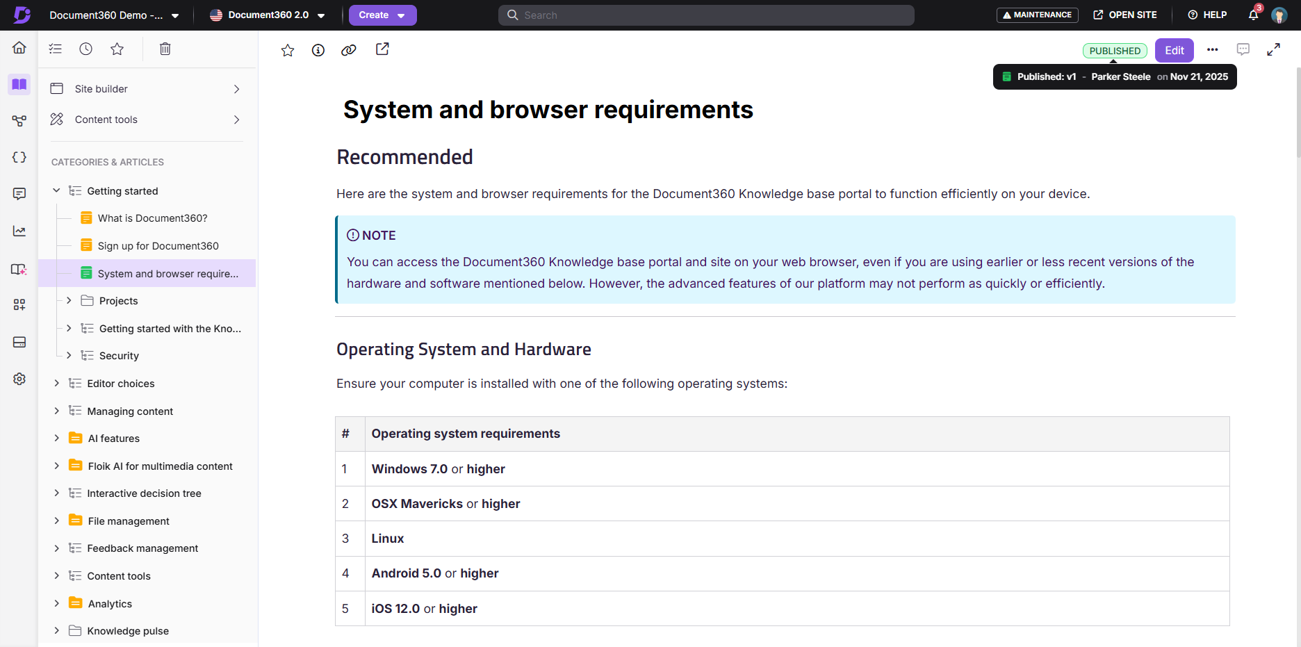 Document360 system and browser requirements with highlighted note and operating system list.