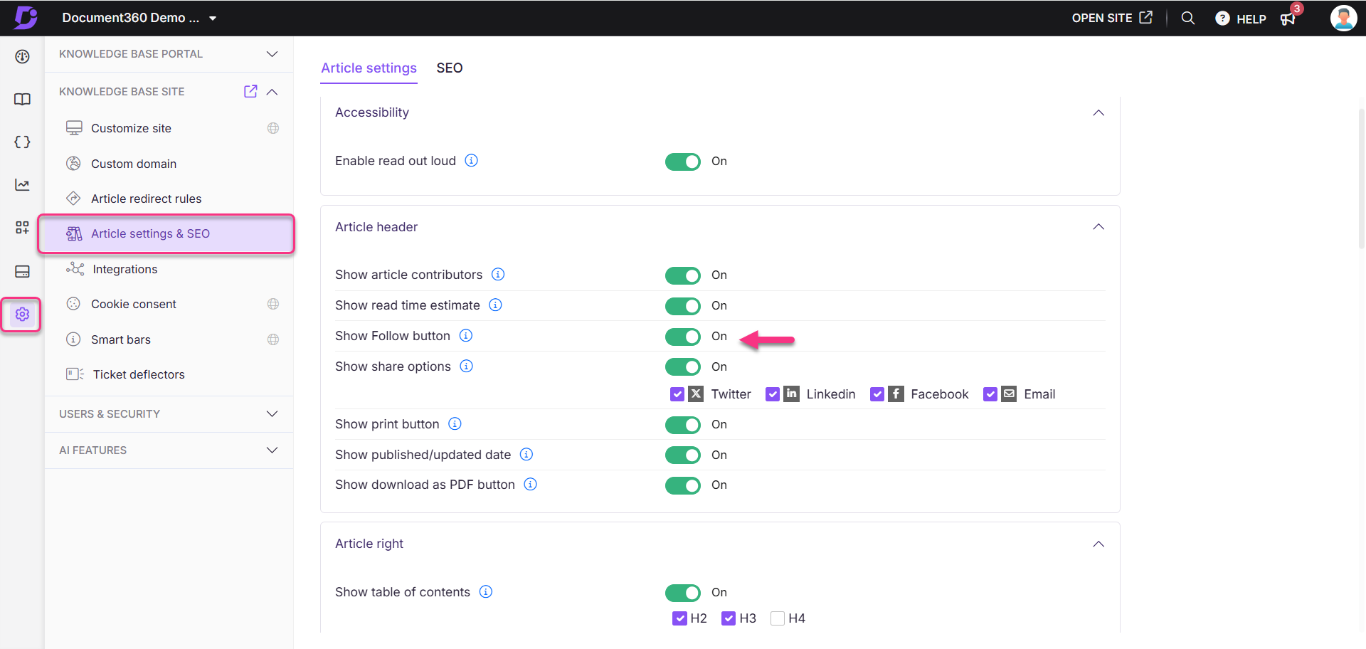 Enabling the Follow articles and categories in the Knowledge base portal.