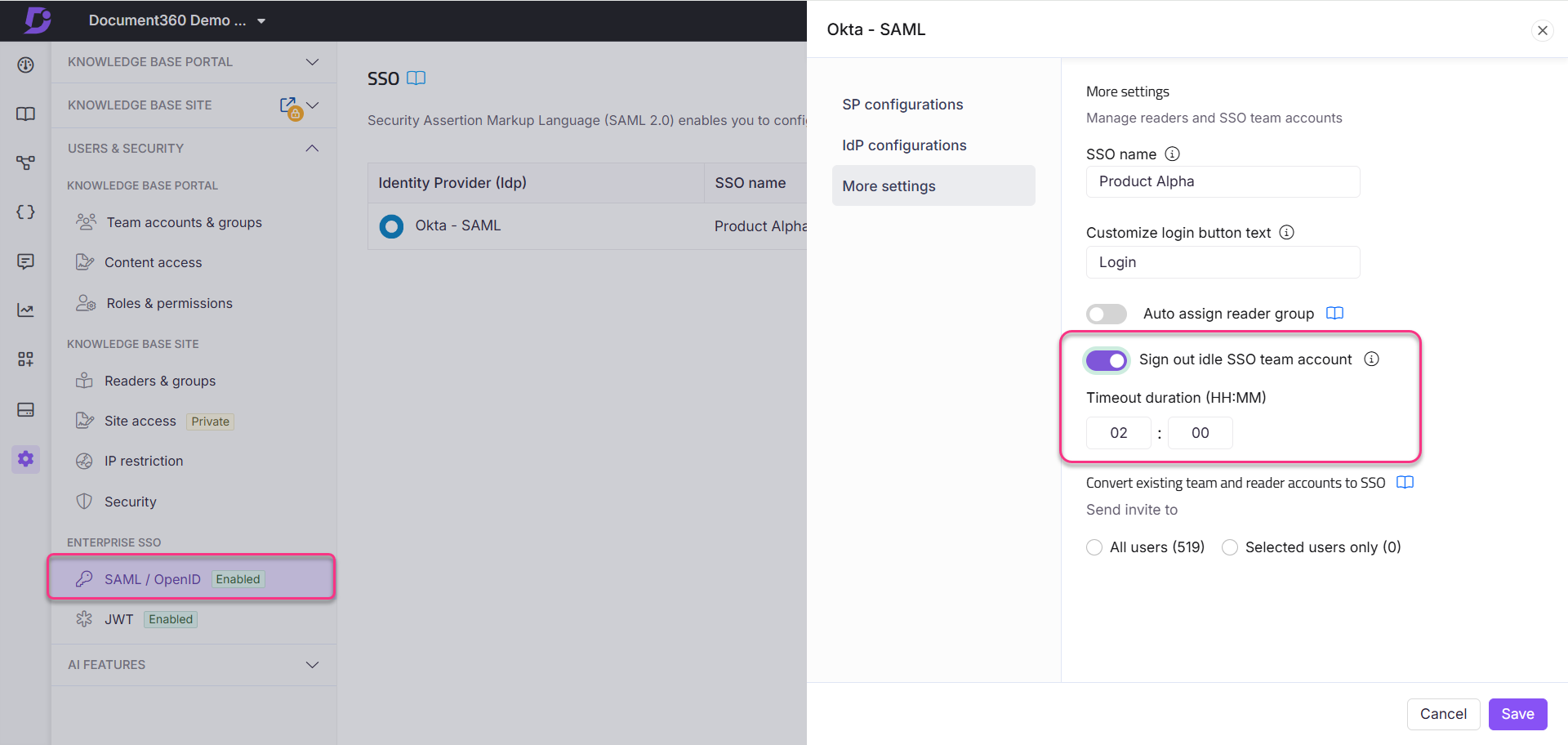 Configuration settings for SSO with options for timeout duration and account management.