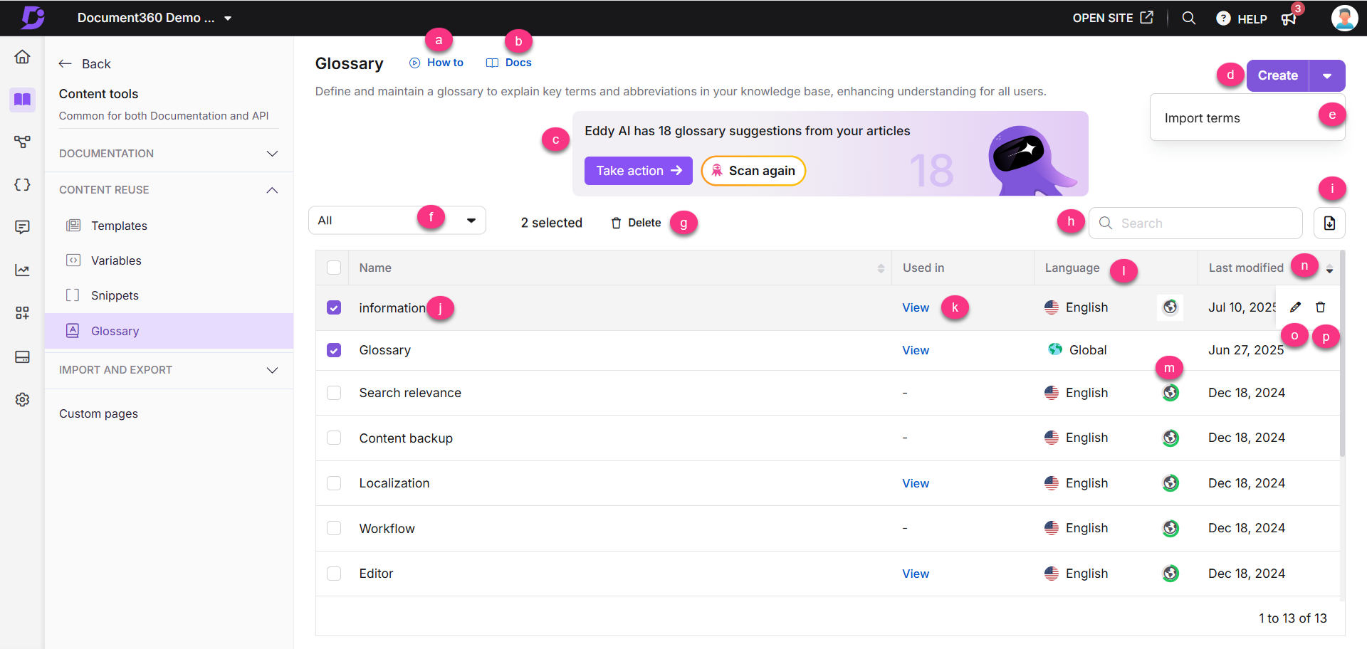Document360 interface showing glossary management with highlighted actions and terms.