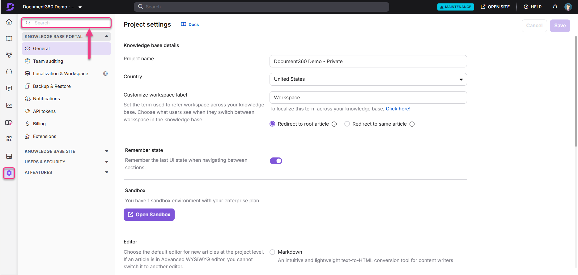 Project settings interface showing options for knowledge base customization and sandbox access.