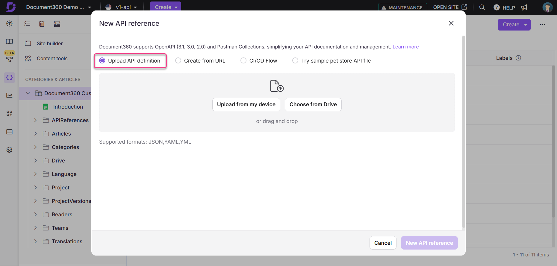 Document360 interface showing options to upload API definitions and supported formats.