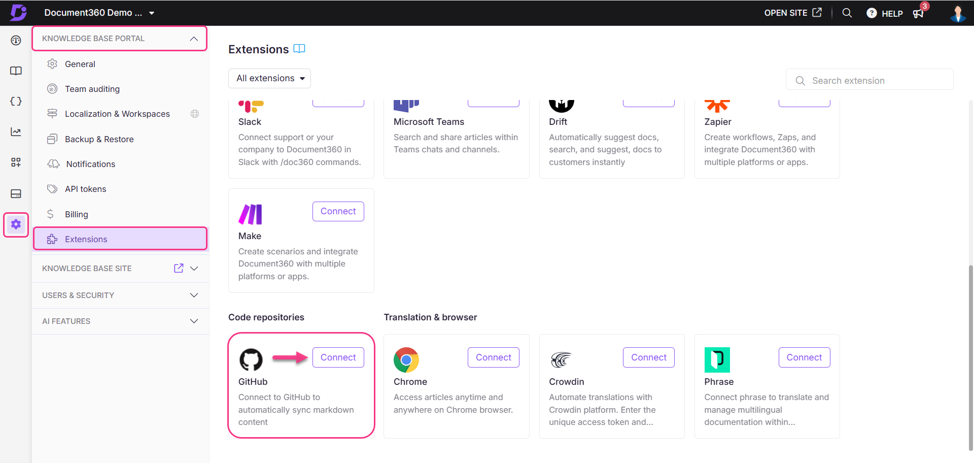 Image showing GitHub extension in Document360