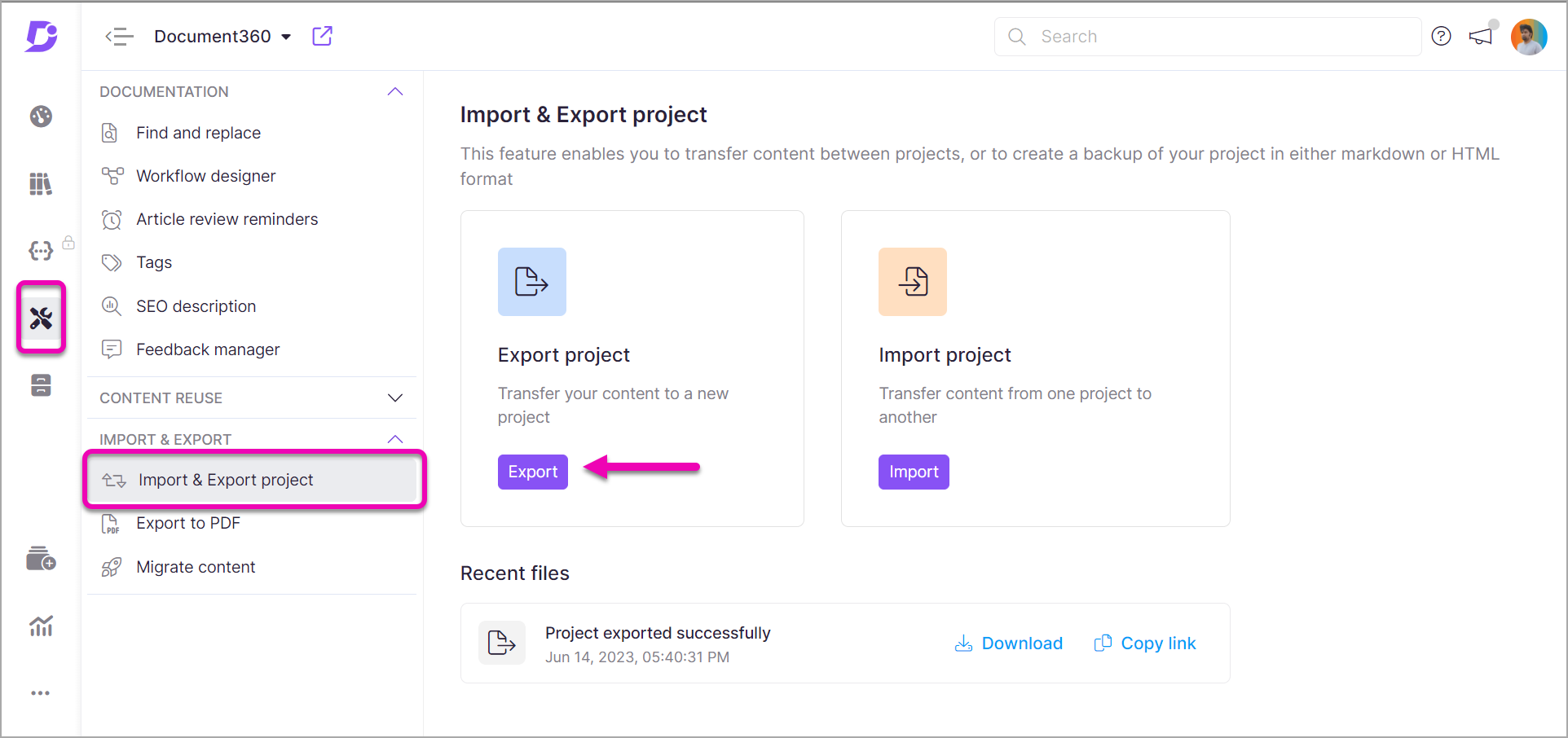 1_Screenshot-Import_and_Export_projects-Accessing_export_projects