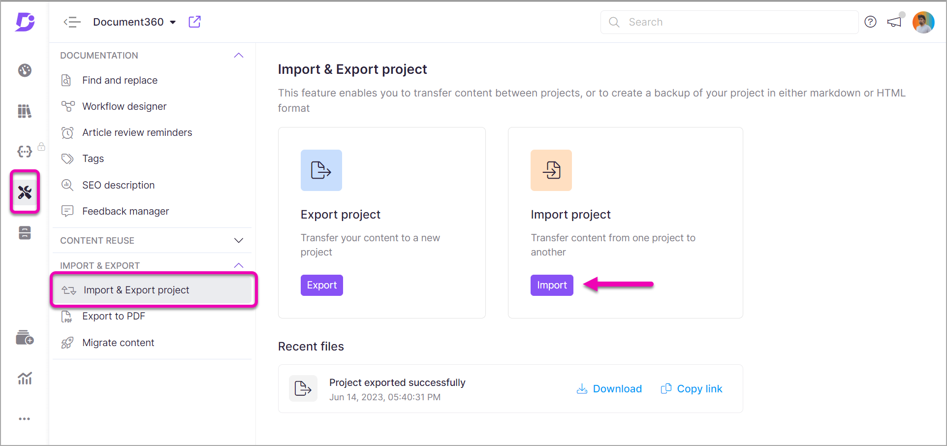 1_Screenshot-Import_and_Export_projects-Accessing_import_projects