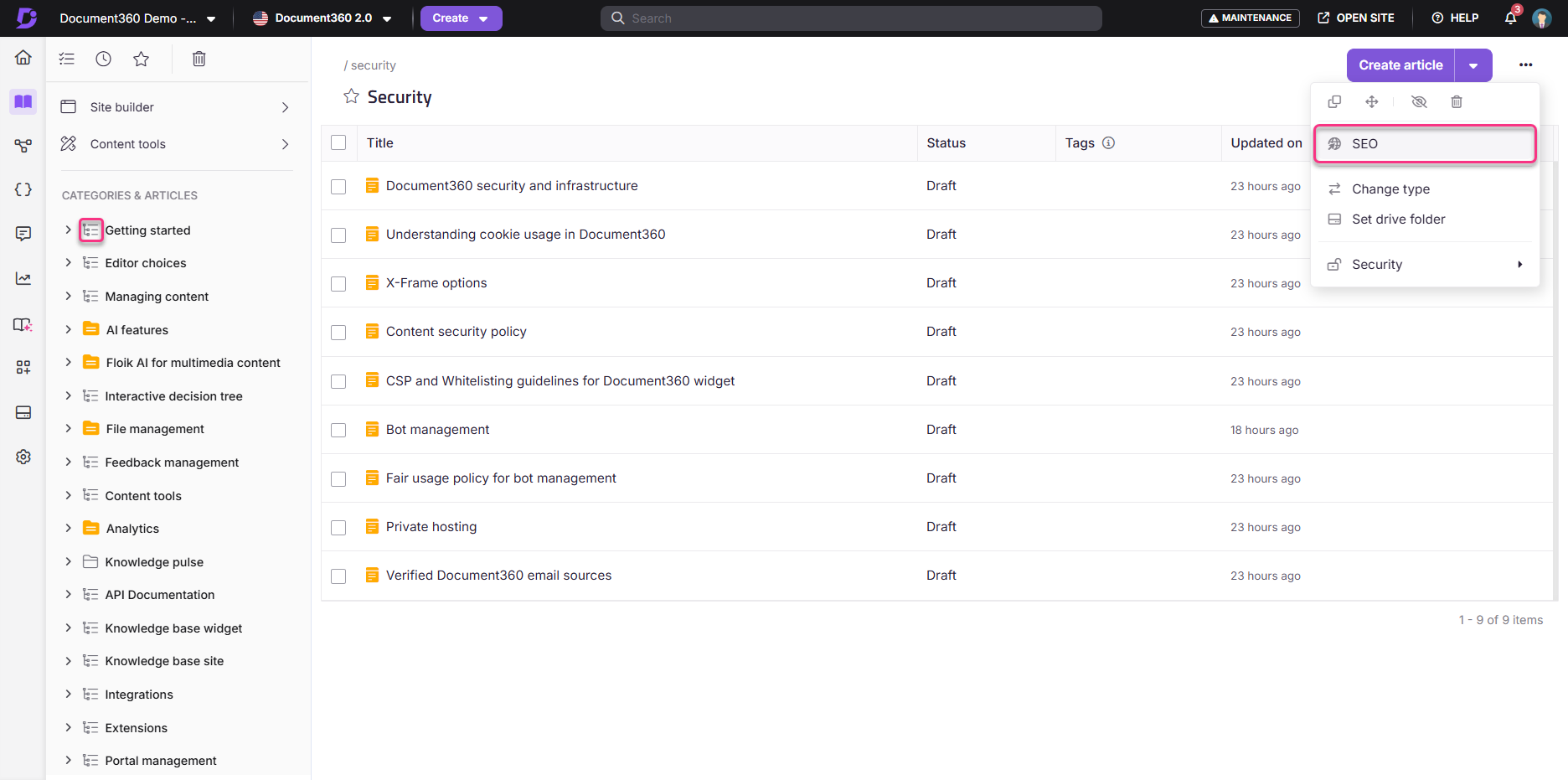 Document360 security section displaying various policy articles and their draft statuses.