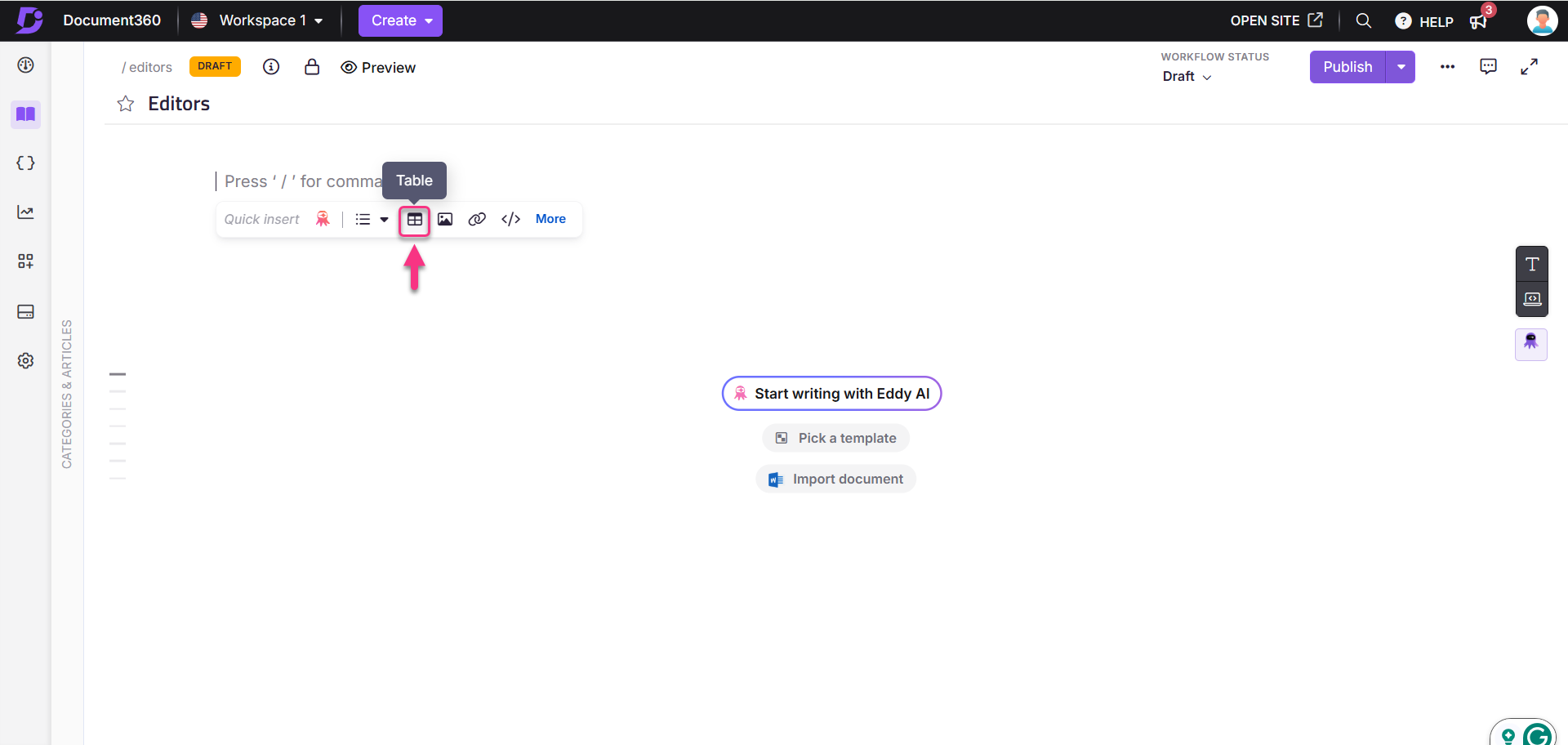 Interface showing options to insert a table and start writing with Eddy AI.
