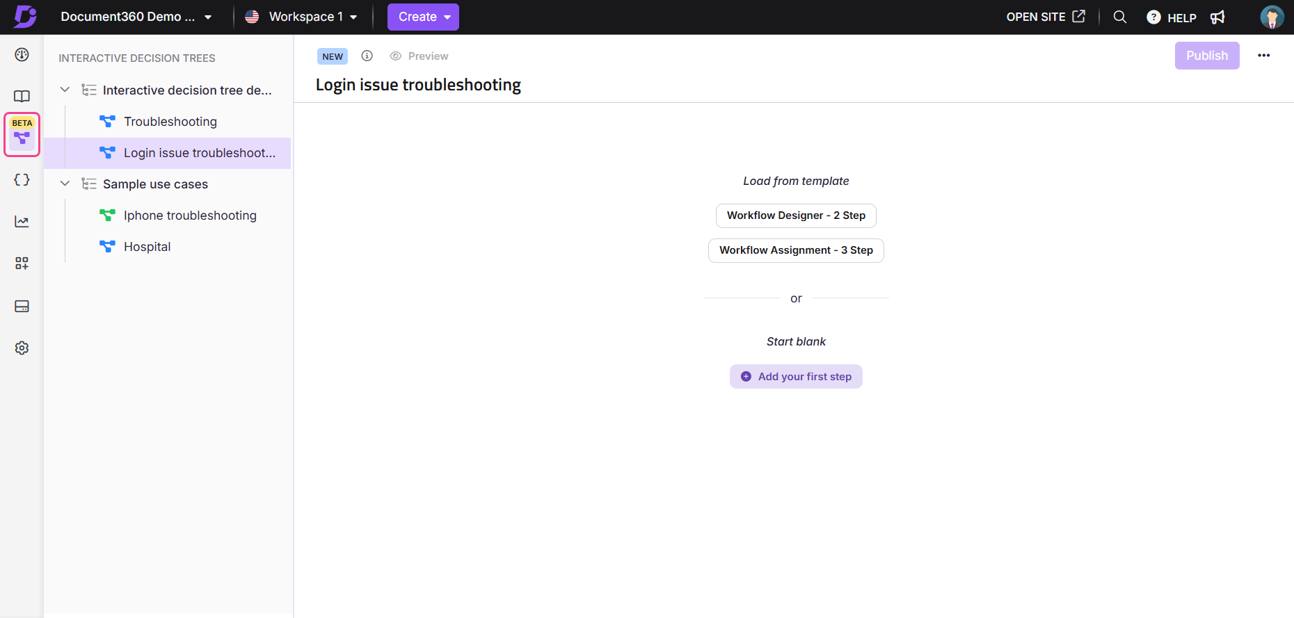 Interactive decision tree for troubleshooting login issues with template options displayed.