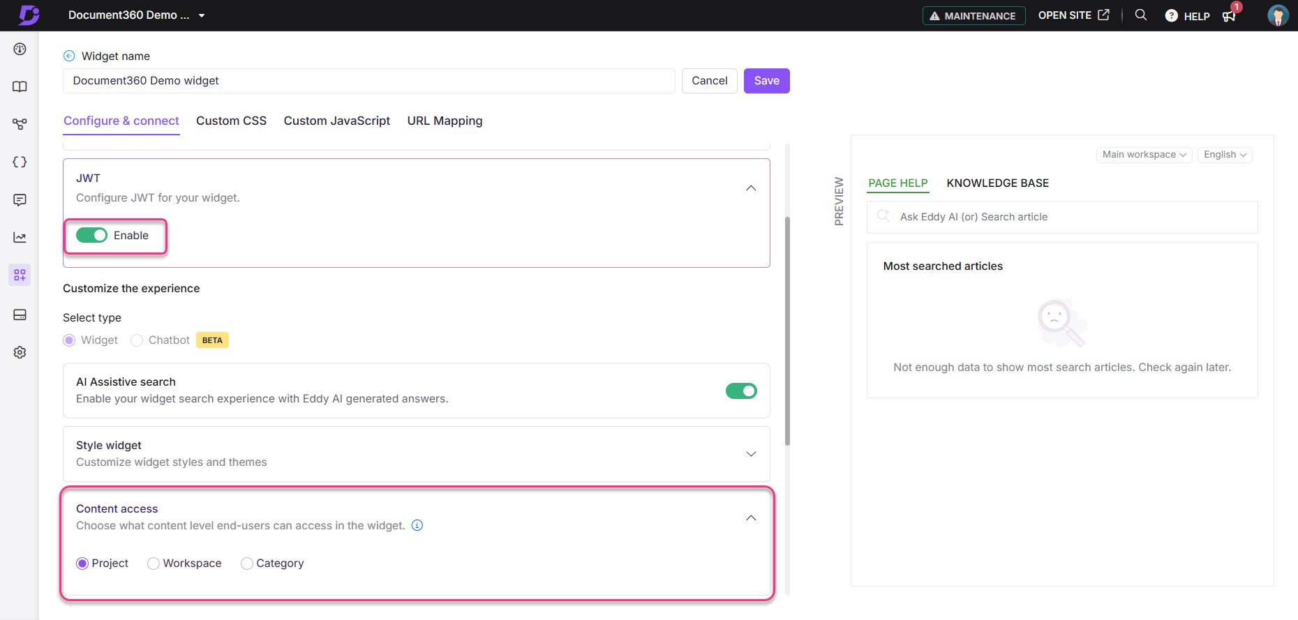 Configuration settings for Document360 widget, highlighting JWT and content access options.