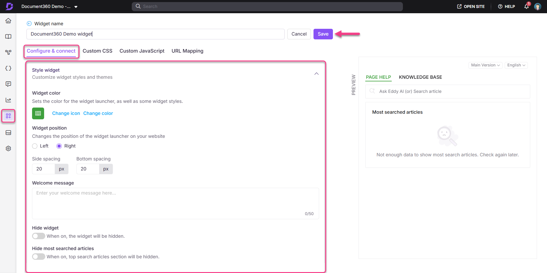 Configuration options for Document360 widget including settings for color and position.