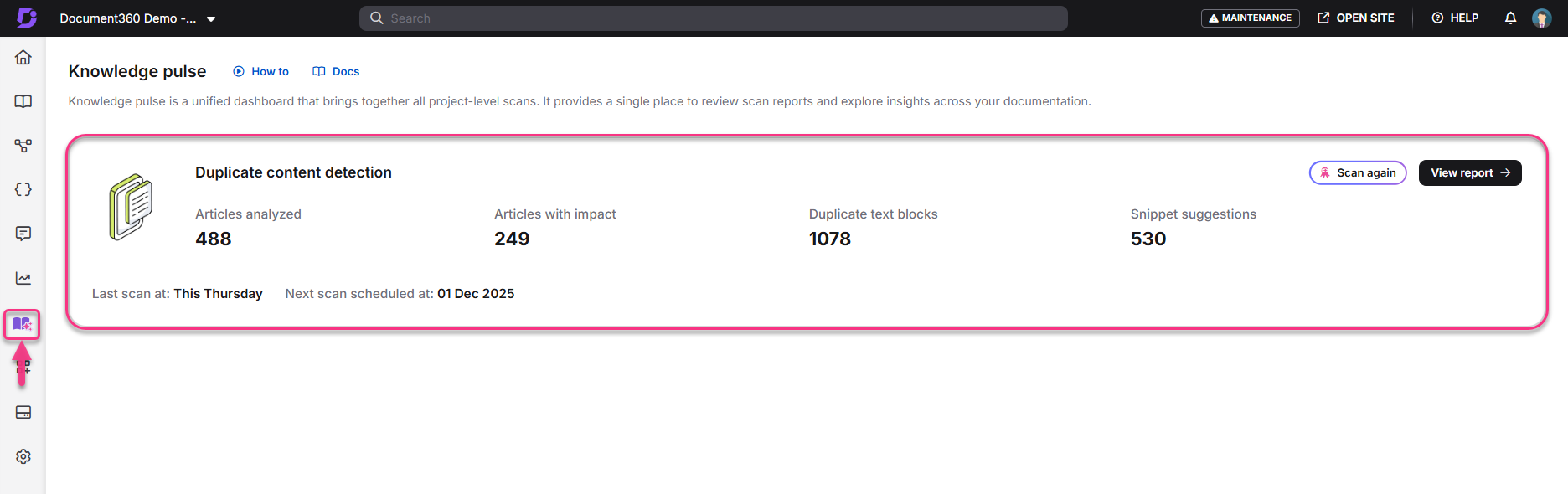 Dashboard displaying duplicate content detection metrics and scan schedule details.