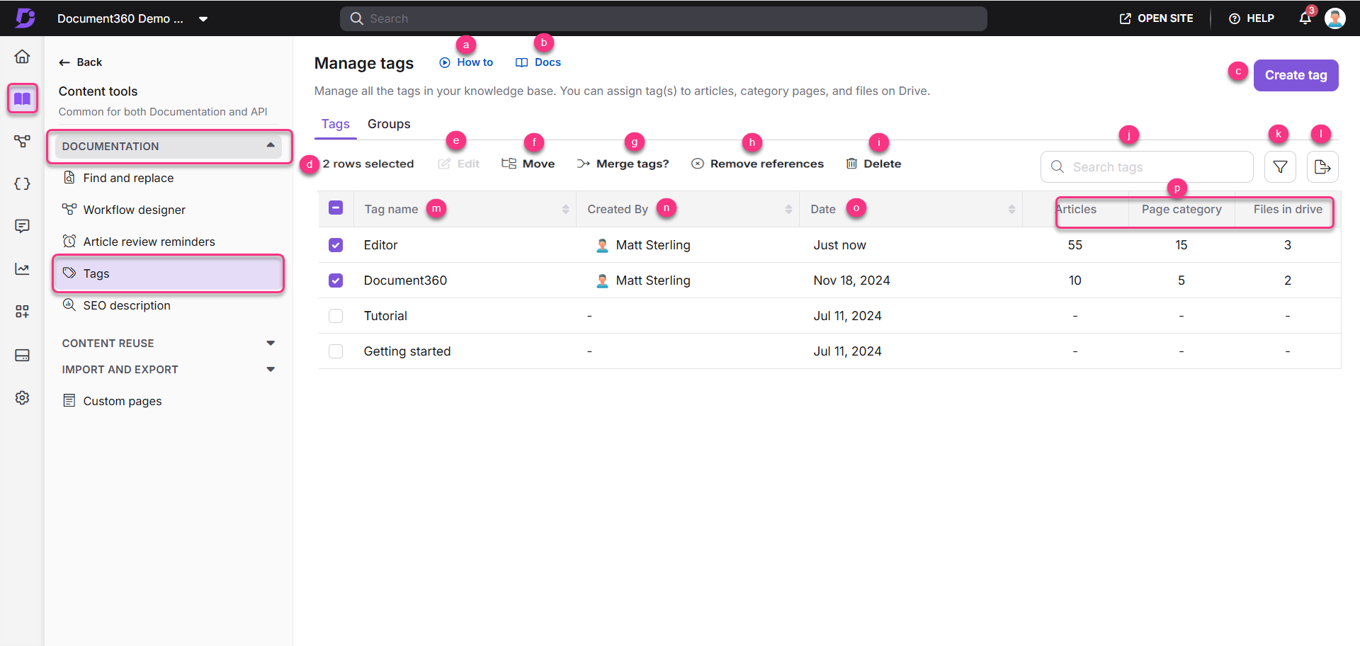 Manage tags interface showing selected tags and their details for documentation management.