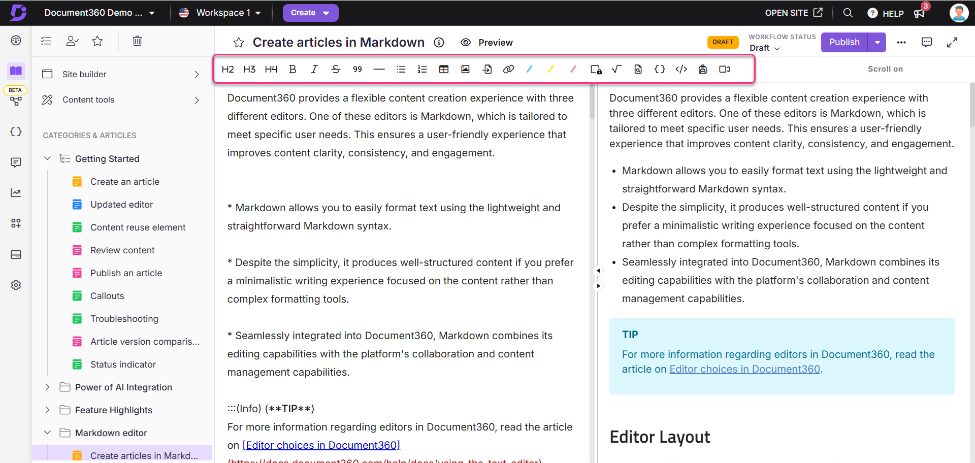 Document360 interface showcasing Markdown editing tools and content creation features.