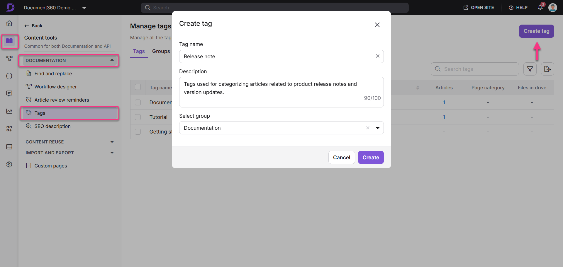 Creating a tag in the documentation management interface with highlighted options.