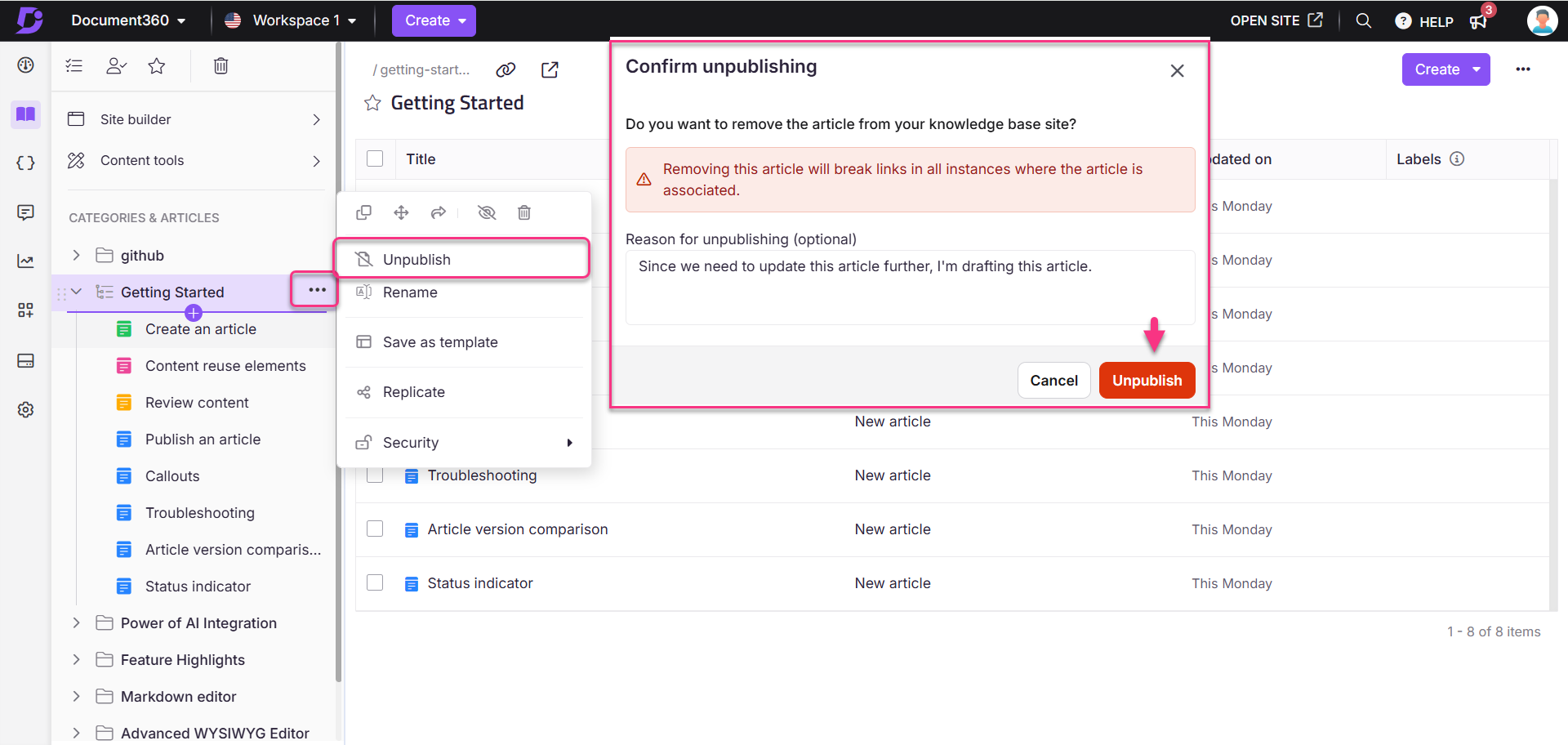 Confirmation dialog for unpublishing an article with warning and action buttons displayed.