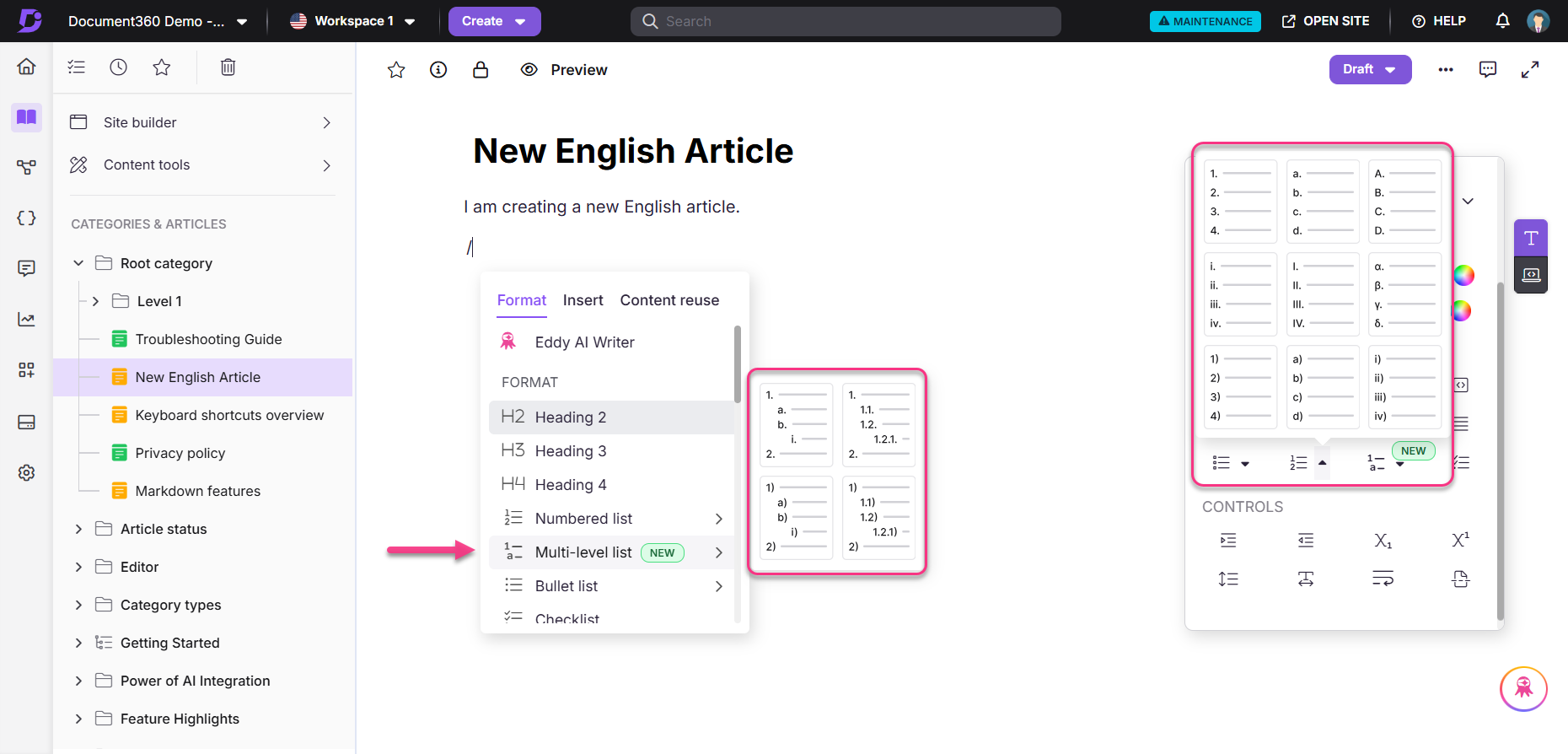 Creating a new English article with formatting options and multi-level list feature.