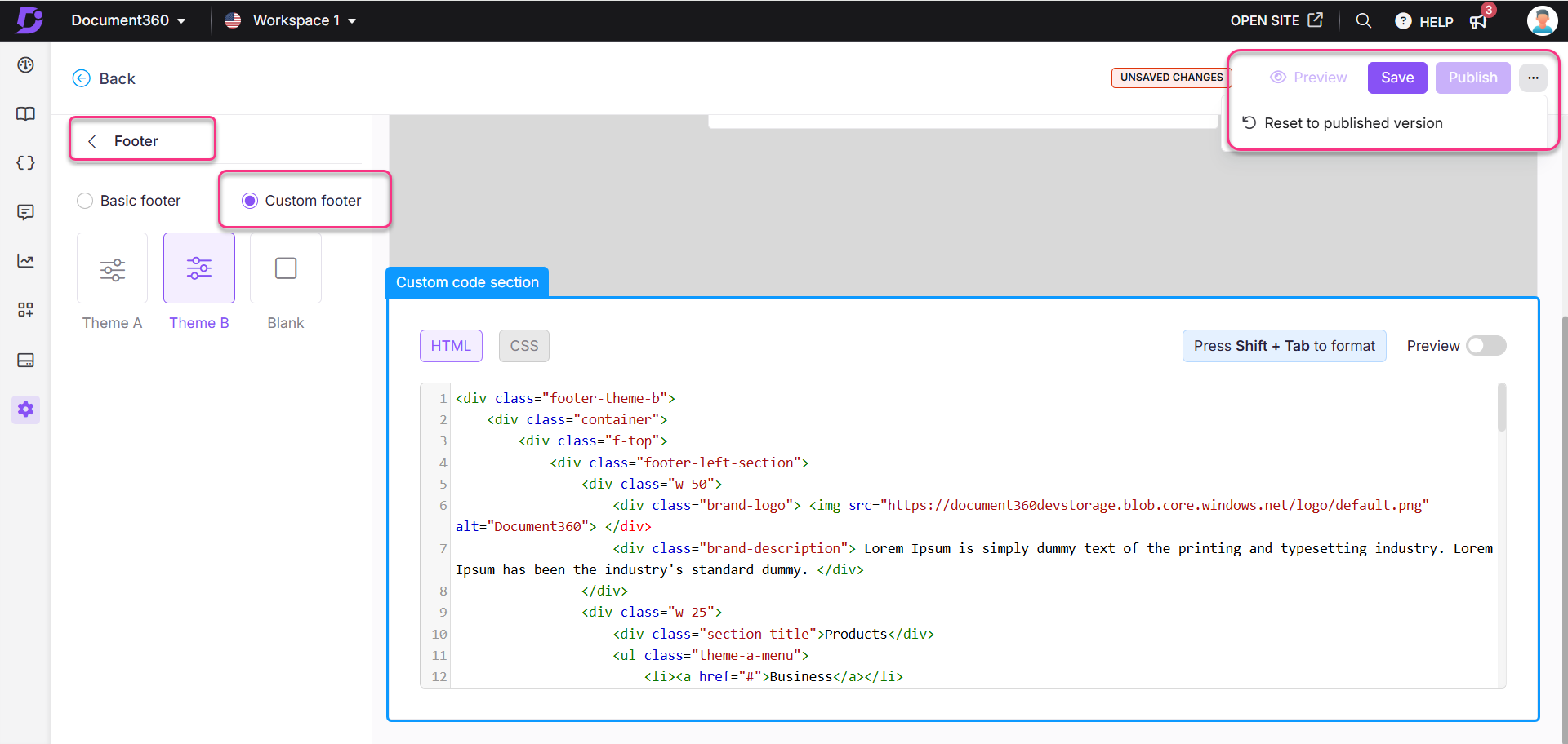 Document360 interface showing footer customization options and HTML code section.