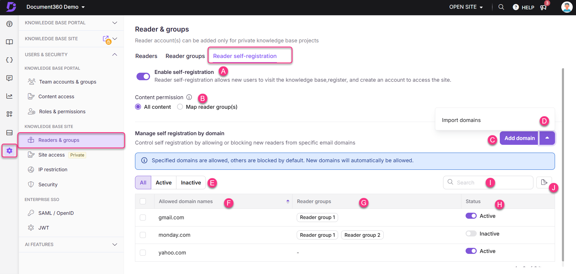 Settings for reader self-registration and domain management in a knowledge base system.
