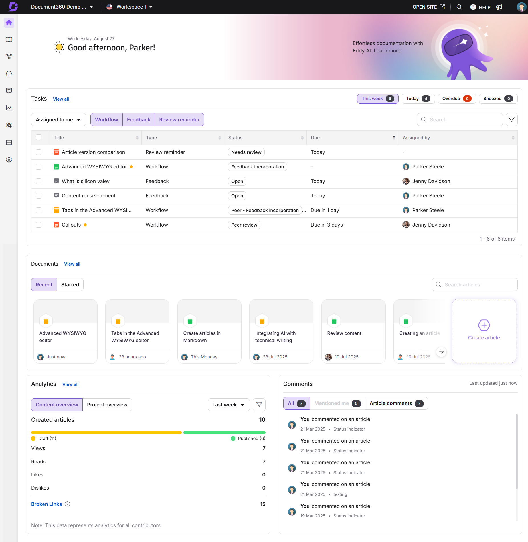 Task management interface showing assigned tasks, document analytics, and recent comments.