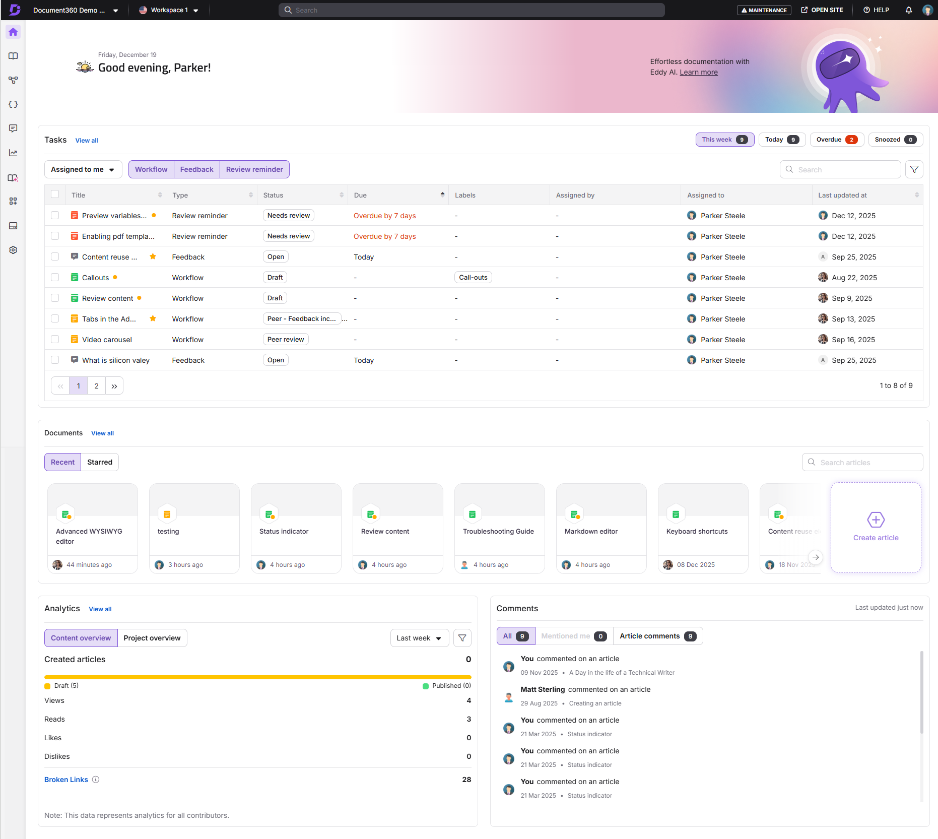 Task management interface displaying various tasks, statuses, and assigned users for review.