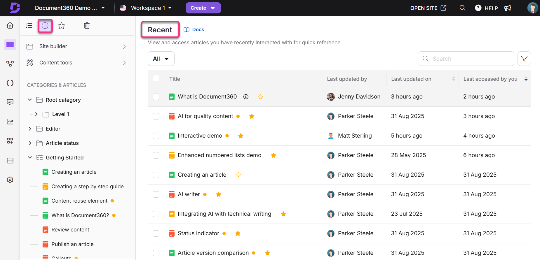 Document360 interface showing recent articles and categories for quick access.